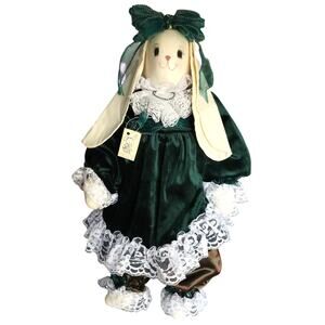 Vintage 80s 90 Handmade Bunny Rabbit Doll Green Velvet Dress Lace Cottagecore